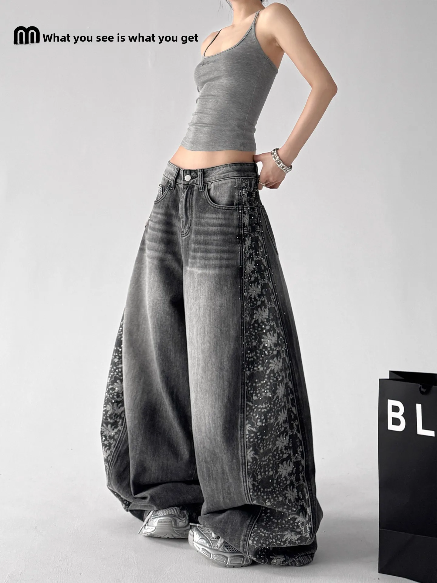 

Джинсы с широкими штанинами в стиле High Street, с дизайнерскими вставками, винтажные, с эффектом потертости, свободного кроя, удлиненные, с низкой посадкой, из смесового хлопка