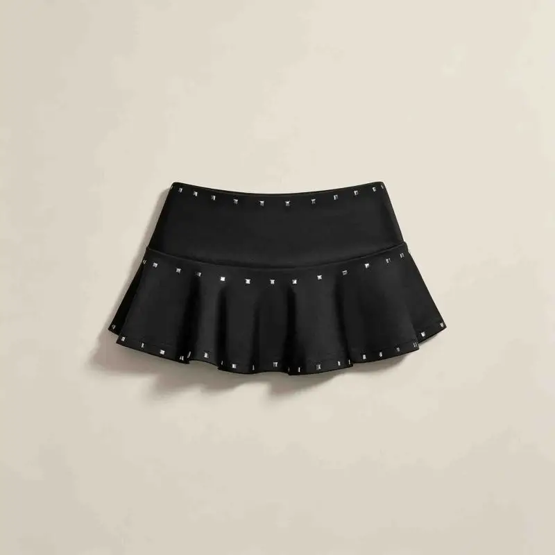 Spicy girl style rivet decoration short skirt, summer low waist slimming A-line lotus leaf pleated short skirt