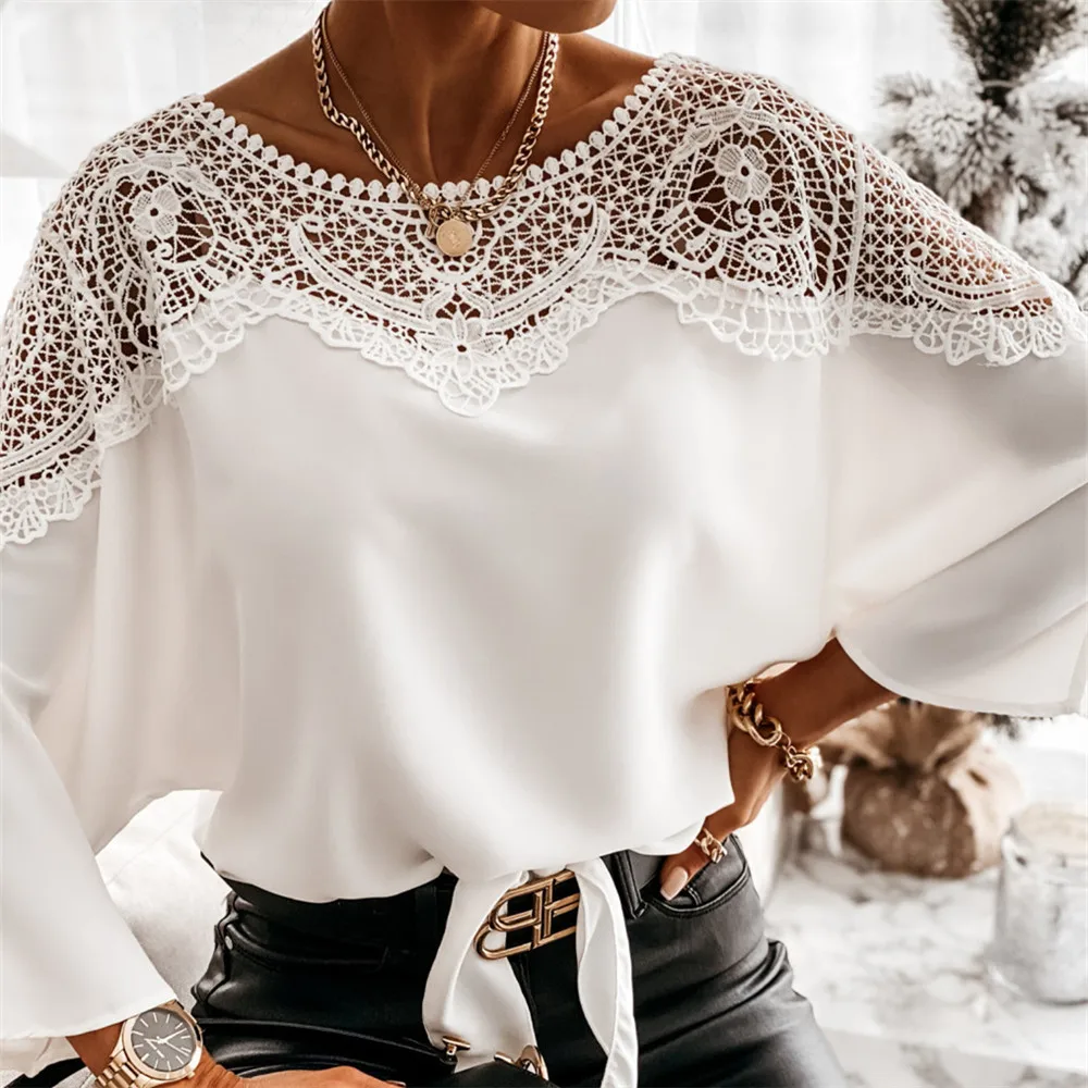 New Women\'s Shirt Fashion Loose Chiffon Bat Long Sleeve Splice Lace Solid Lace Hollow Out Shirt Elegant