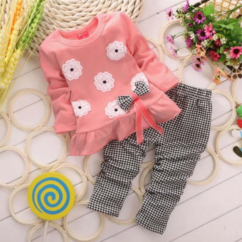 Autumn Little Girls Leisure Flower Sets Baby Girls Pure Cotton Long Sleeve Cute Home Set Children\'s Boutique Clothing Wholesale