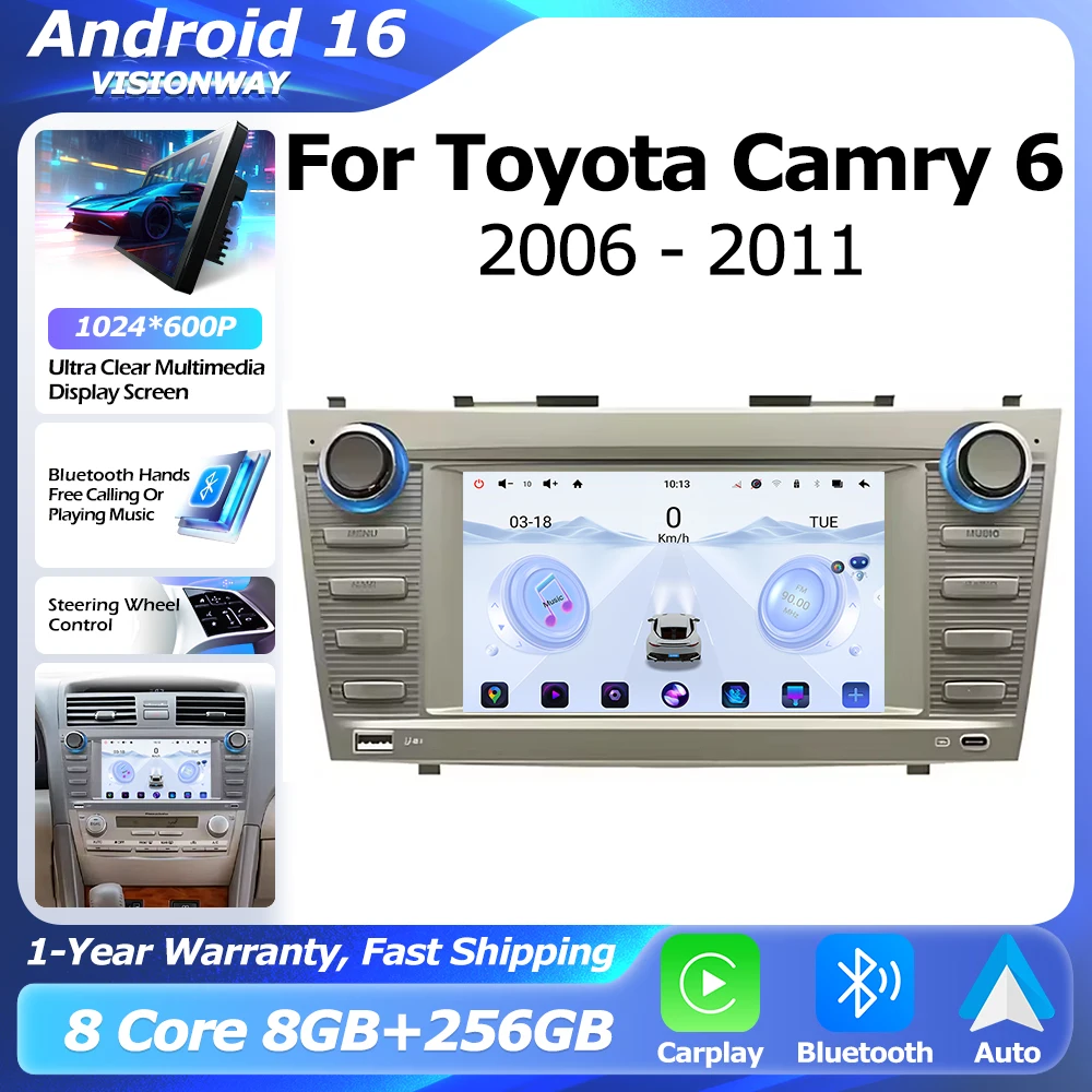 Bluetooth For Toyota Camry 6 XV 40 50 2006-2011 Car Radio WIFI Android 16 Wireless CarPlay Lntelligent Multimedia Player Auto