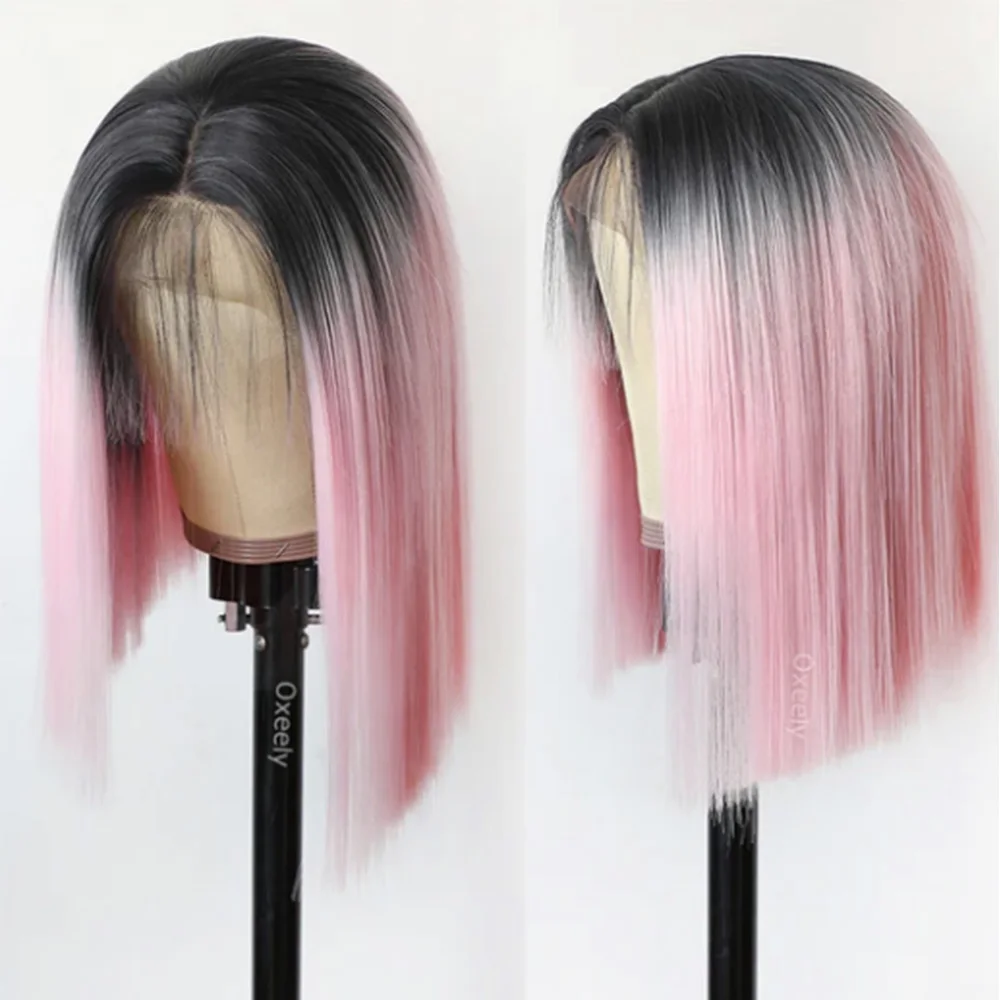 Webster Short Bob Lace Front Synthetic Wigs For Women Ombre Pink Straight Wigs Glueless Heat Resistant Hair Lace Front Wig