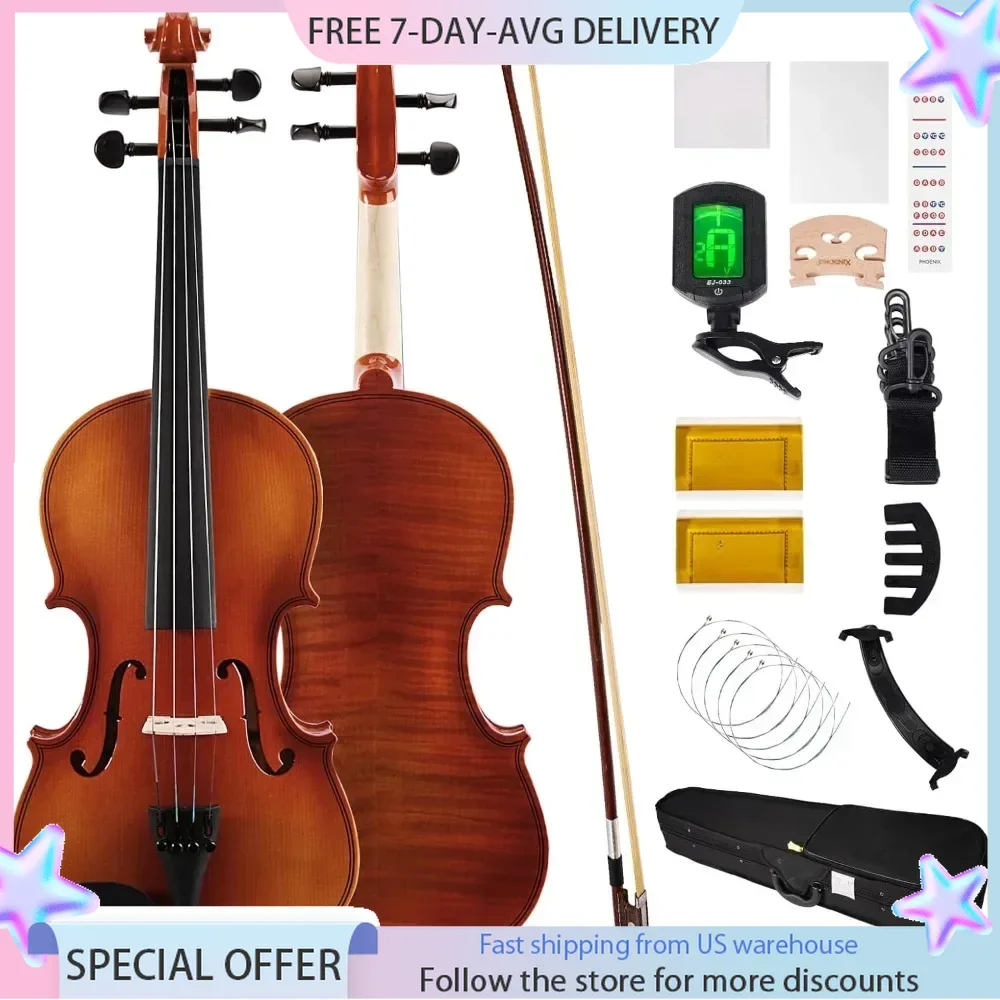 Violin 4/4 Full Size Kit, Violin Fiddle Set for Beginner Adults Student with Rosewood Bow, Extra Strings & Bridge, 2 Rosins