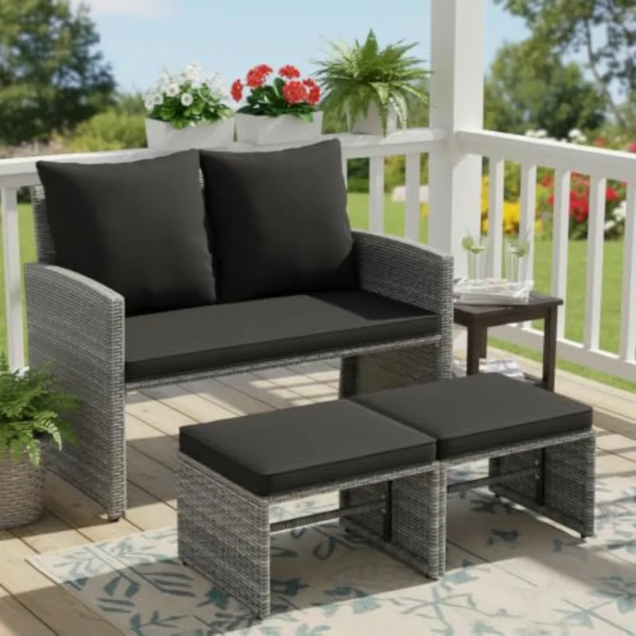 Outdoor Loveseat with 2 Ottomans, 3 Pieces Patio PE Wicker Furniture Set with Cushions, Outside Rattan Conversation Set for Bal