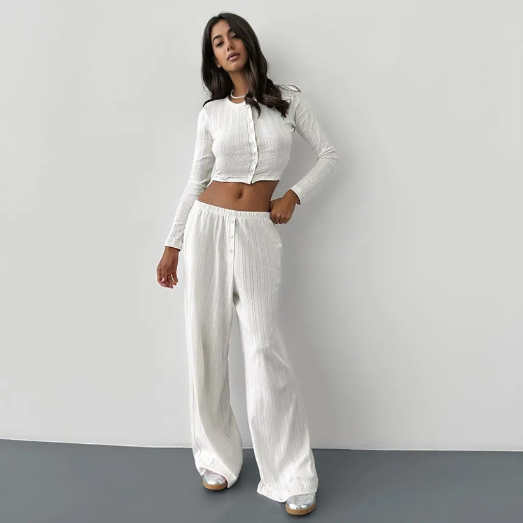 

European And American Style Casual Knitted Pajama Set Base-breasted Long-sleeved Top Elasto Two-piece Home Clothes