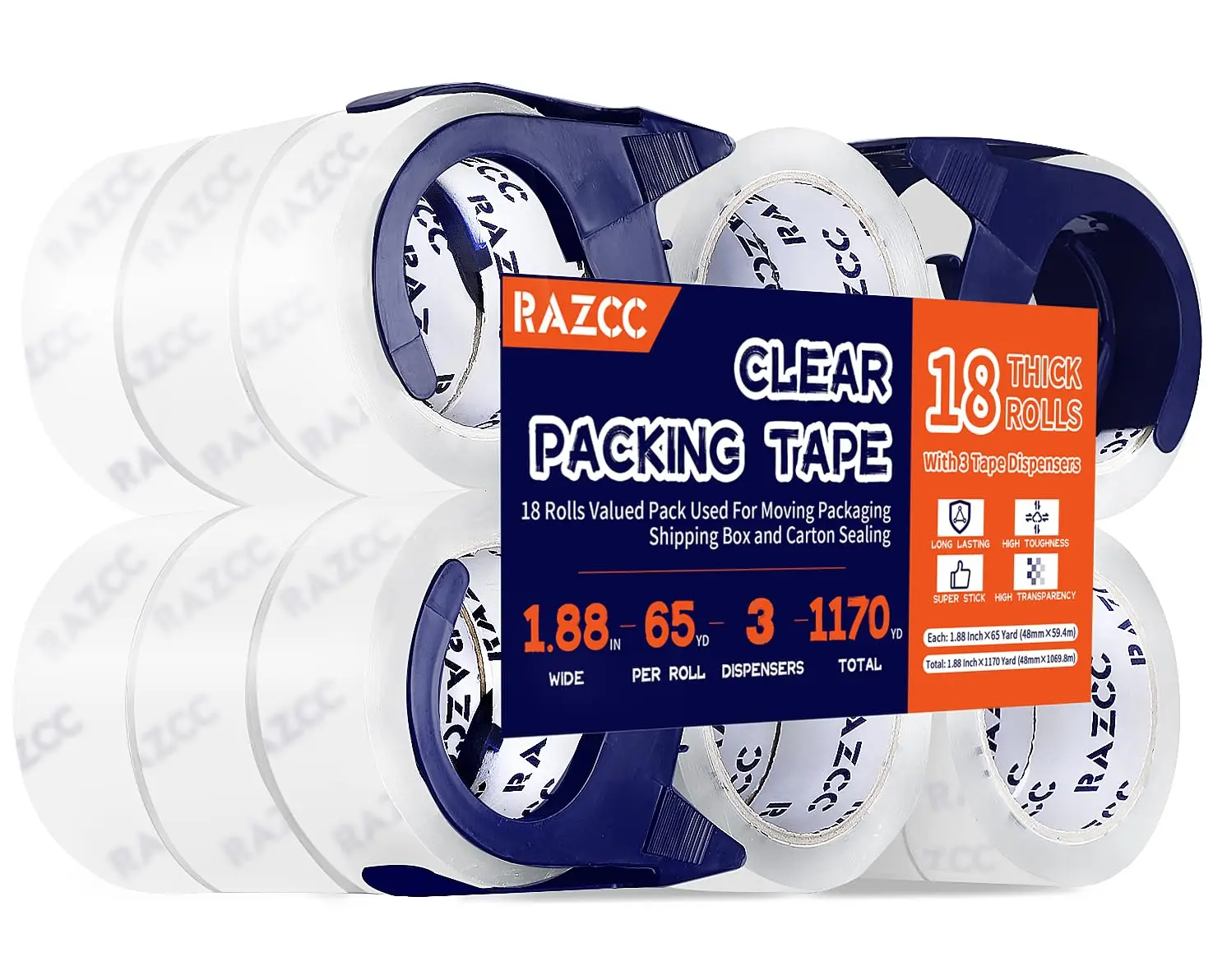 

Packing Tape, 18 Rolls Clear Heavy Duty Packaging Tape with Dispensers for Packing, Shipping, Moving and Mailing, Thicke