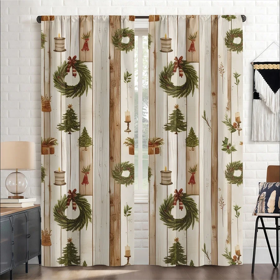 Rustic Farmhouse Christmas Wreath Wood Panel Print Curtains for Living Room Home Decor Seasonal Window Dressing