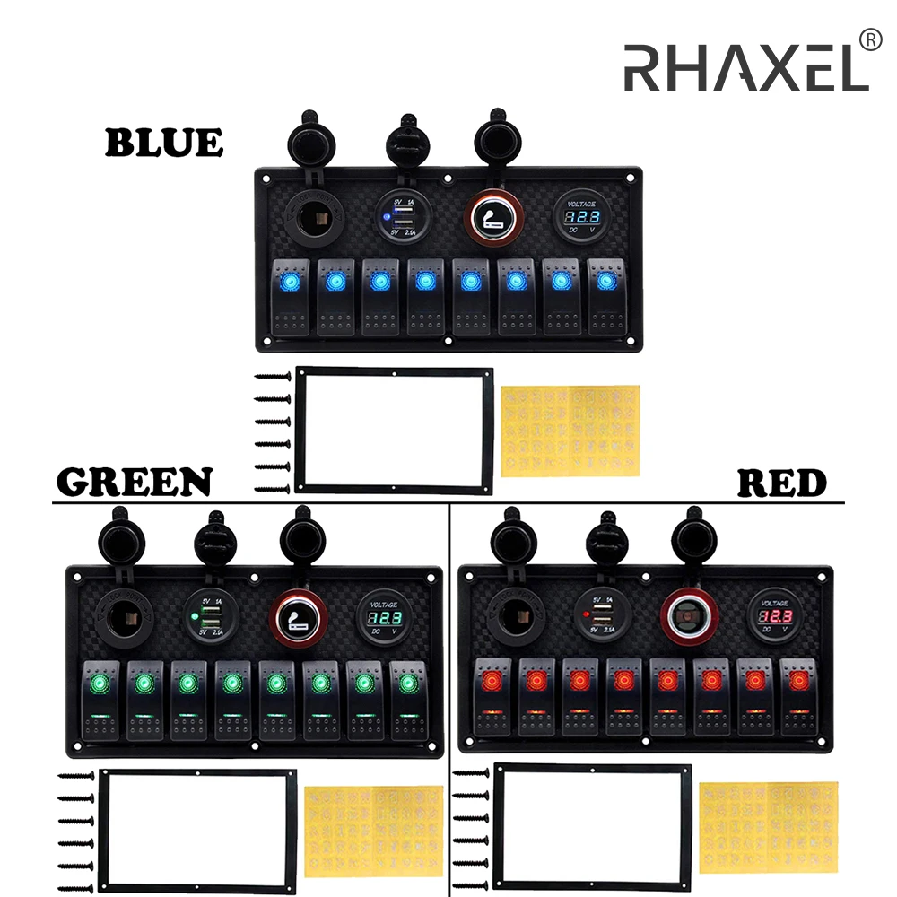 RHAXEL 8 Gang Switch Panel LED Voltage Display+Dual USB Charger+Cigarette Lighter Socket Splitter for Auto RV