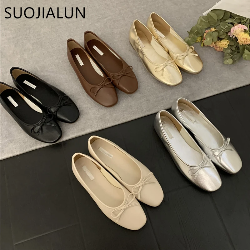 

SUOJIALUN 2022 Autumn Women Flats Ballerina Shoes Round Toe Shallow Slip On Ladies Ballet Shoes Soft Sole Loafer Zapatos Mujer