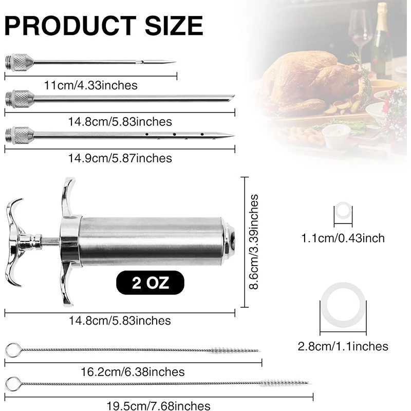 2 oz Meat Injector Syringe Kit Stainless Steel Spice Syringe with 3 Marinade Needles Beef Turkey Injector for Kitchen BBQ Grill