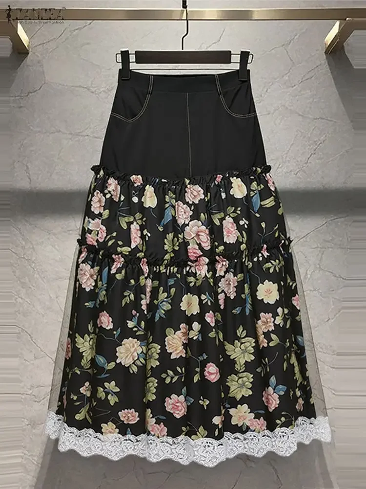 

ZANZEA 2022, богемные женские длинные макси-юбки с цветочным принтом, повседневные Jupes Faldas Saia, осенние свободные вечерние свободные брюки с эластичной резинкой на талии