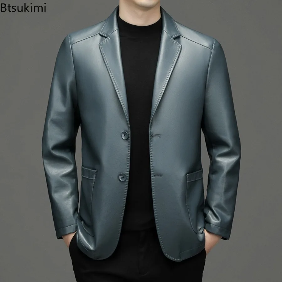 New Autumn Winter Men Leather Blazers Fashion Slim PU Leather Coats Quality Male Business Casual Sheepskin Leather Suit Jackets