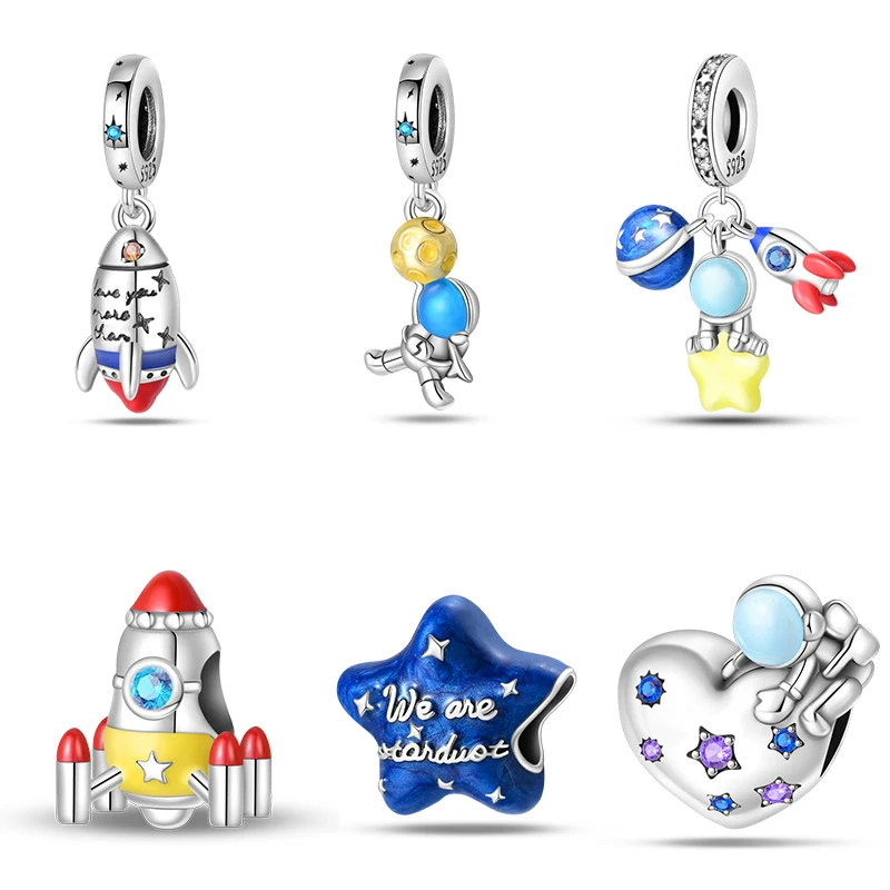 

925 Sterling Silver Fashion Space Travel Series Rocket Astronaut Charms Beads Fit Original Pandora Bracelets DIY Jewelry Gifts