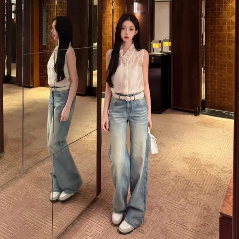 

Удобные повседневные винтажные светло-голубые джинсы для женщин, модные прямые длинные брюки, новинка Dongda Gate, хлопок/полиэстер