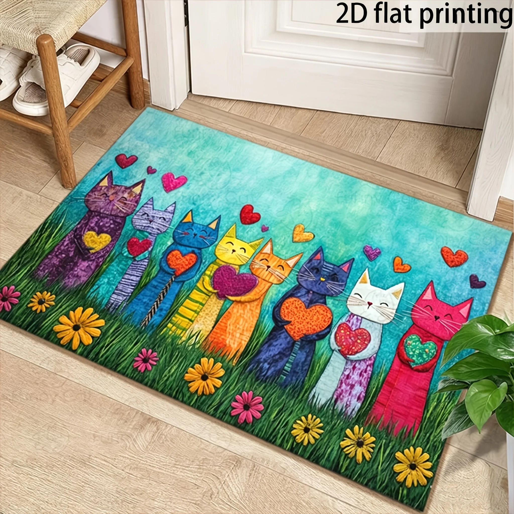 1pc 2D Flat Rainbow Cats Holding Hearts Grass Field Flannel Area Rug Non Slip Cute Animal Carpet For Bedroom Kids Room Floor