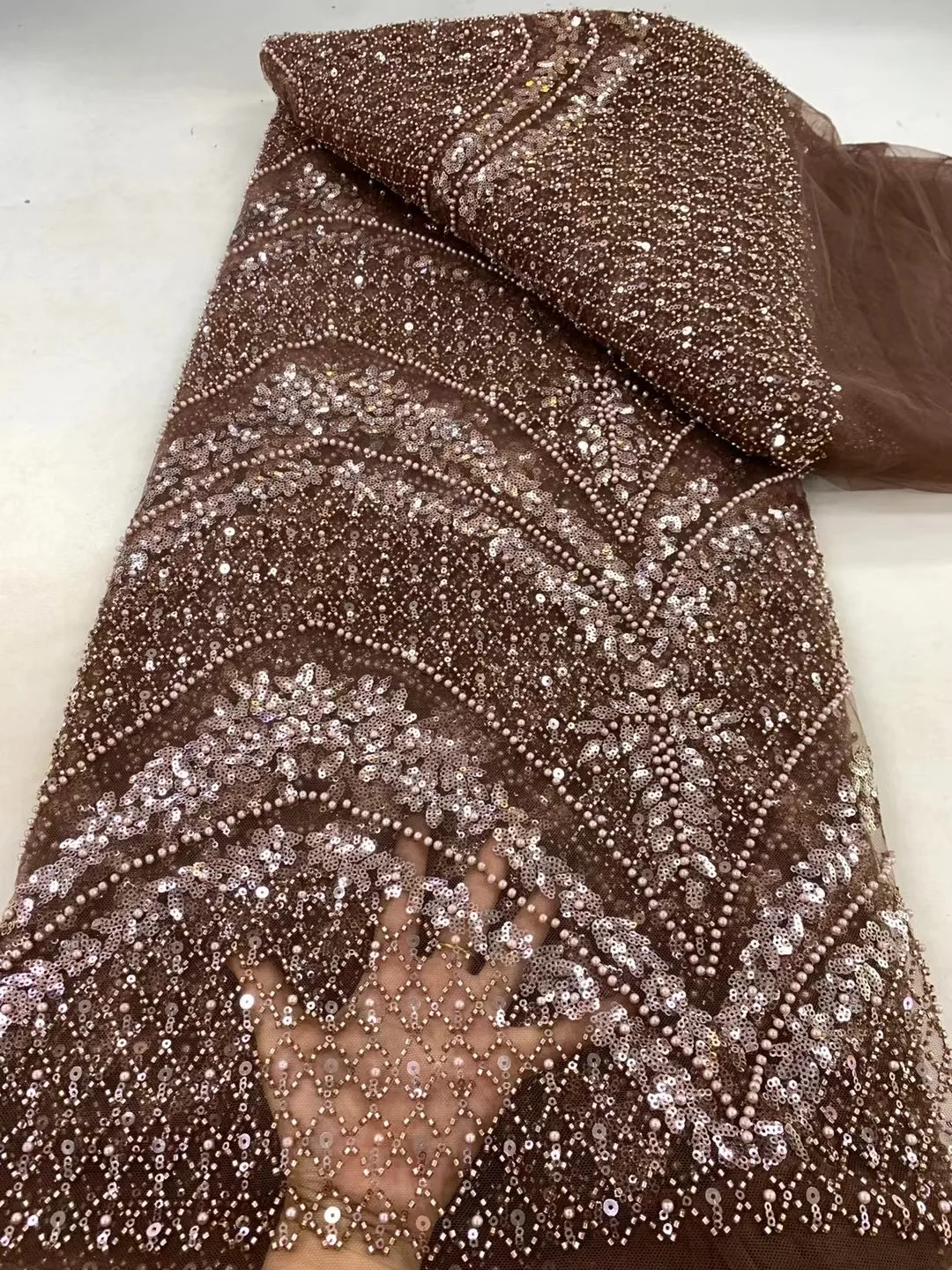 Luxury Beaded Lace Brown Sequin Fabric Latest Lace Fabric High Quality 2024  African Lace Fabric For Woman Wedding Dresses W51-1