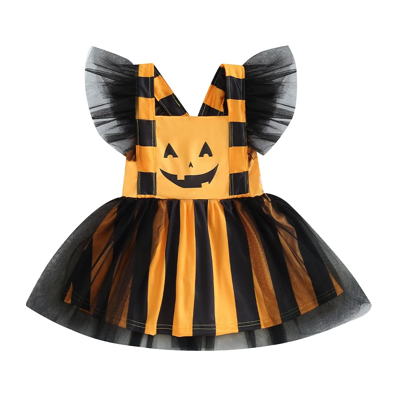 Baby Girls Princess Dress Halloween Pumpkin Stripe Print Suspender Dress for Beach Party Cute Clothes