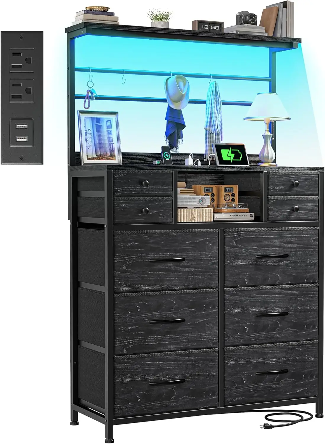 

Комод для спальни высотой 63 дюйма с 10 ящиками, черный комод с зарядной станцией и светодиодной подсветкой, тканевые комоды