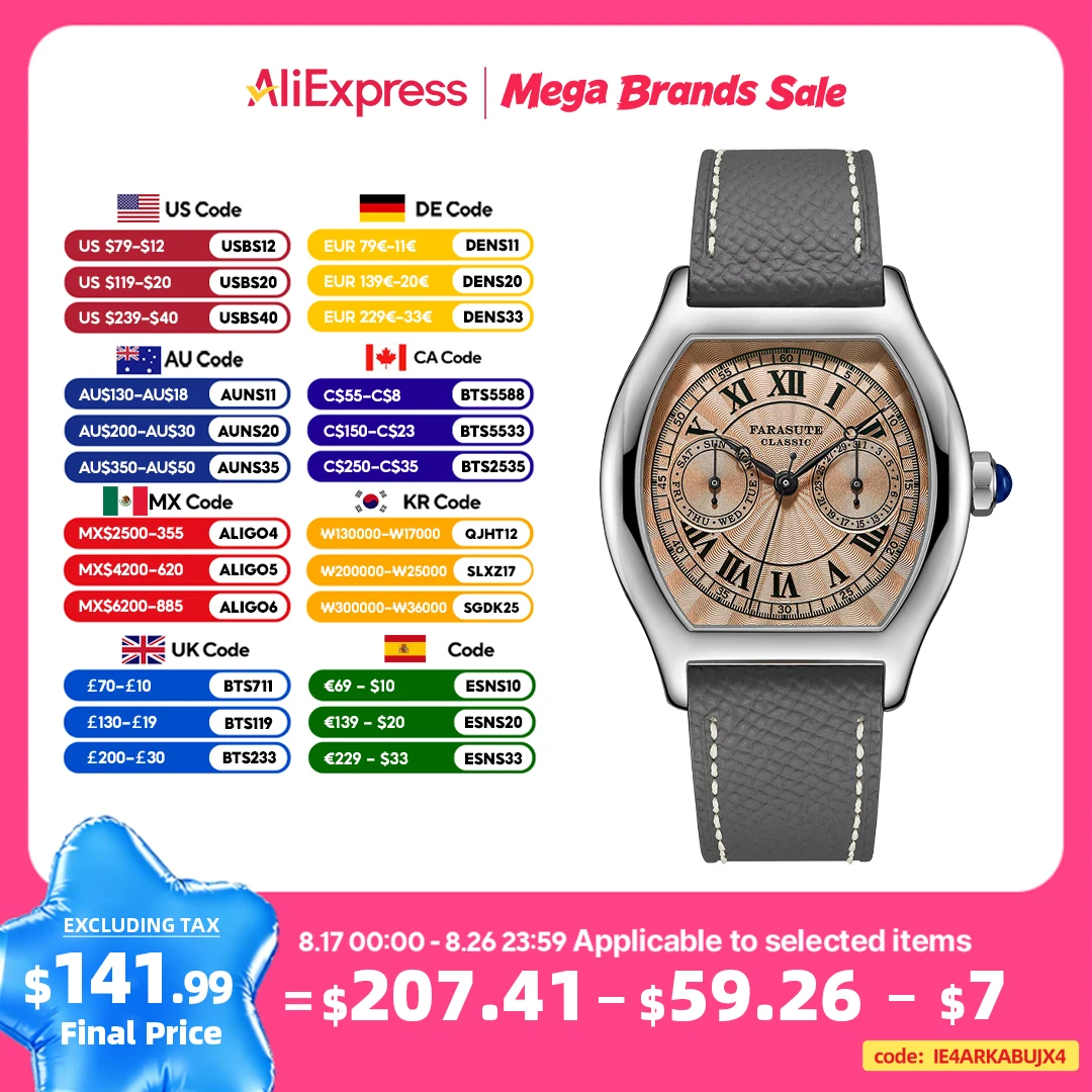 FARASUTE 36mm Luxus Retro Männer Quarzuhr VH64 Bewegung Edelstahl Sport Mode Saphirglas Wasserdichte Uhr Relogio