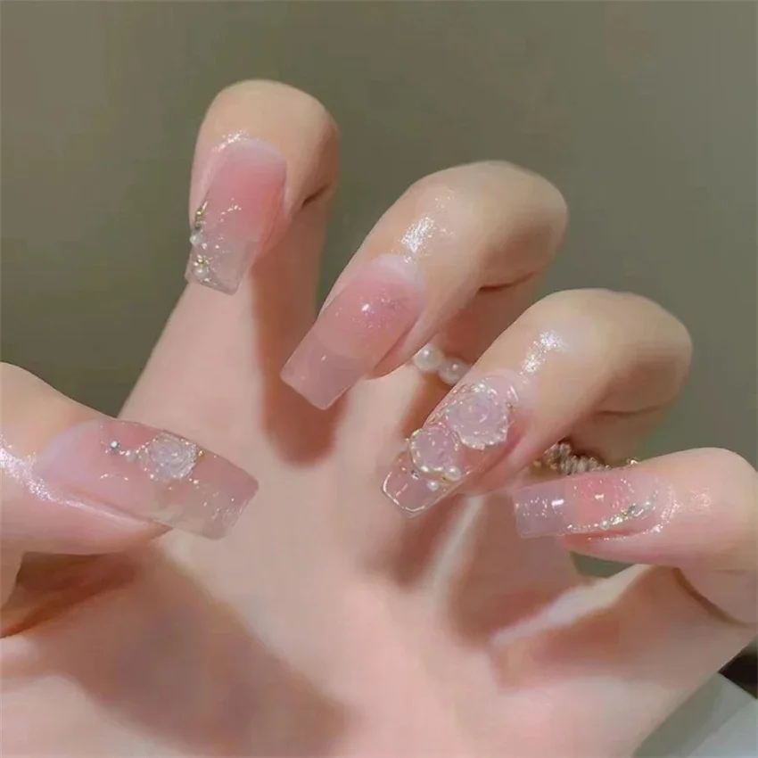 24Pcs/Set Fake Nails Art Bow Pearl Love Artificial Square Head Womens Nail Tips French Long Ballet False Nails Pressed on Nail view 2