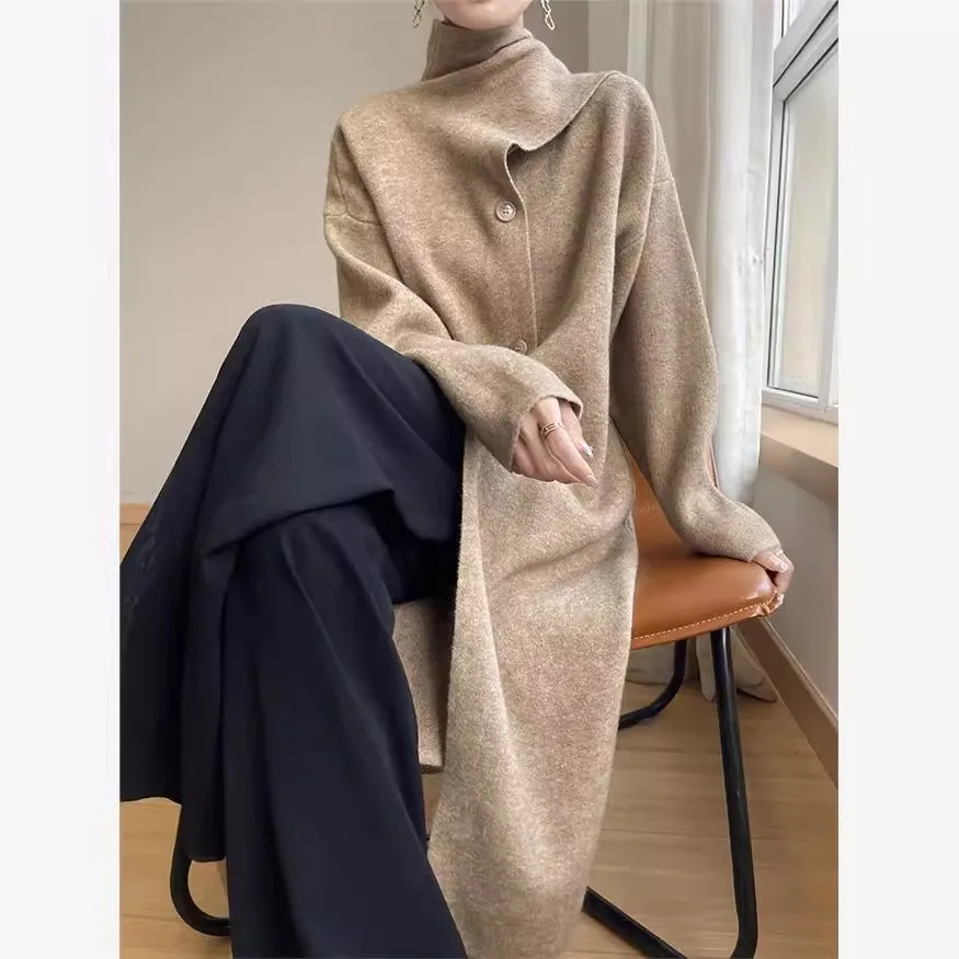 Laid-back Korean Style Casual Long Sleeve Knitted Open Cardigan Coat Women's Mid-length Scarf Collar Outerwear Sweater Open C...