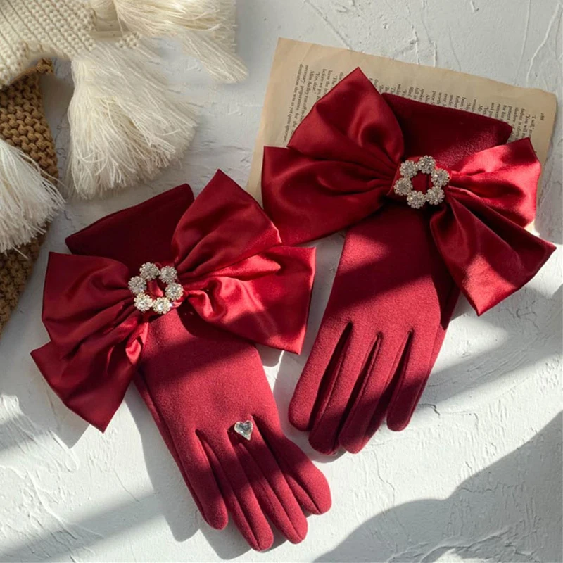 7 colori autunno inverno guanti per le donne fodera in peluche nastro Big Bowknot guanti da donna evening party Touch Screen guanti eleganti