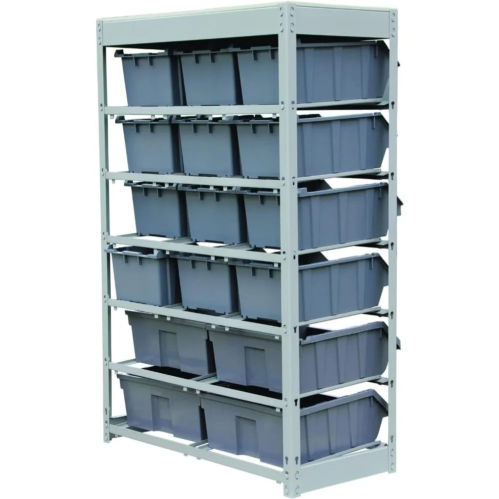 King's Rack Bin Rack Storage System Heavy Duty Steel Rack Organizer Shelving Unit w/ 16 Plastic Bins in 6 tiers