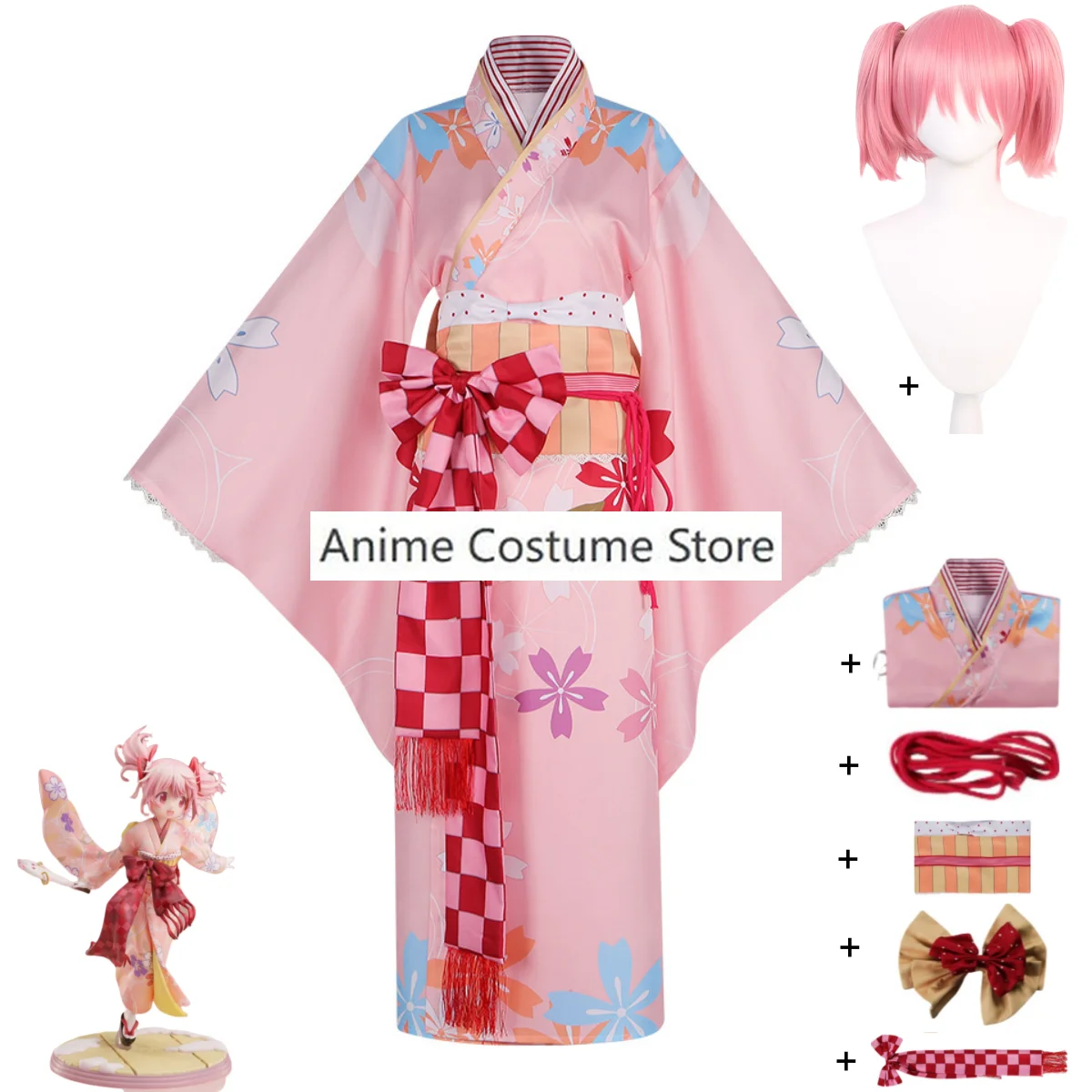 

Anime Puella Magi Madoka Magica Kaname Madoka Cosplay Costume Japanese Printing Kimono Wig Woman Kawaii Halloween Carnival