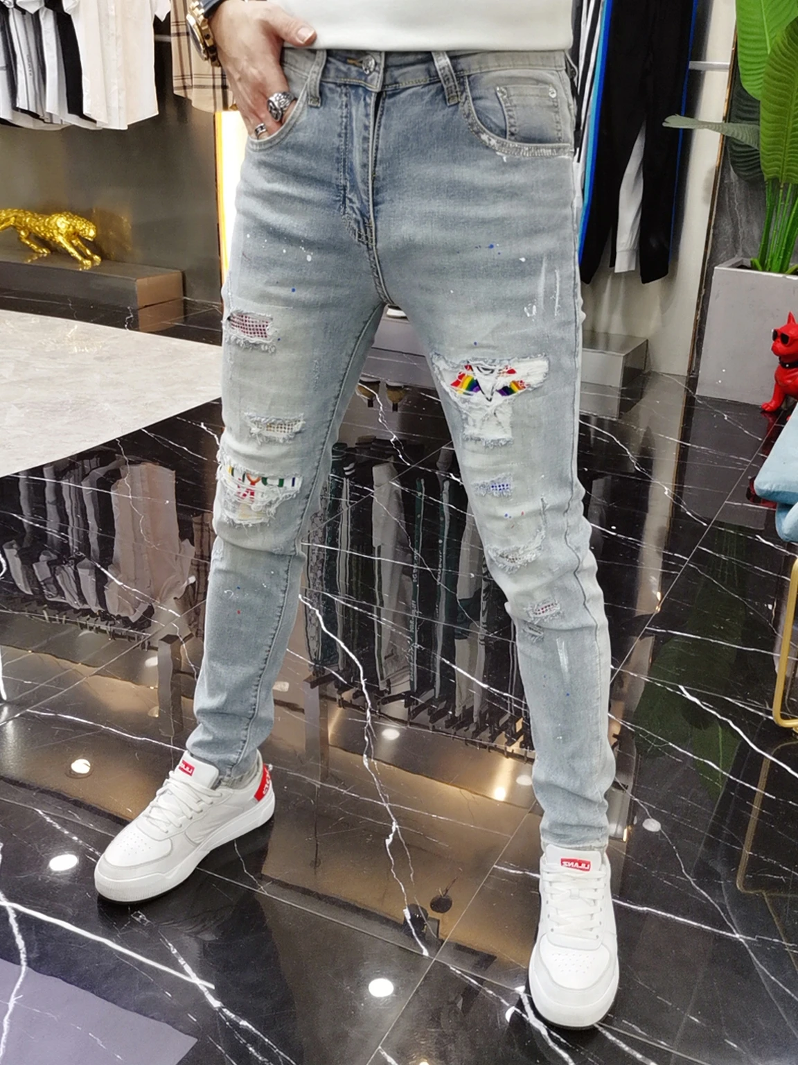 

Slim Fit Summer Denim Jeans Men's Trendy Patchwork Hole Punch Skinny Long Pants Thin Material Casual Youth Style
