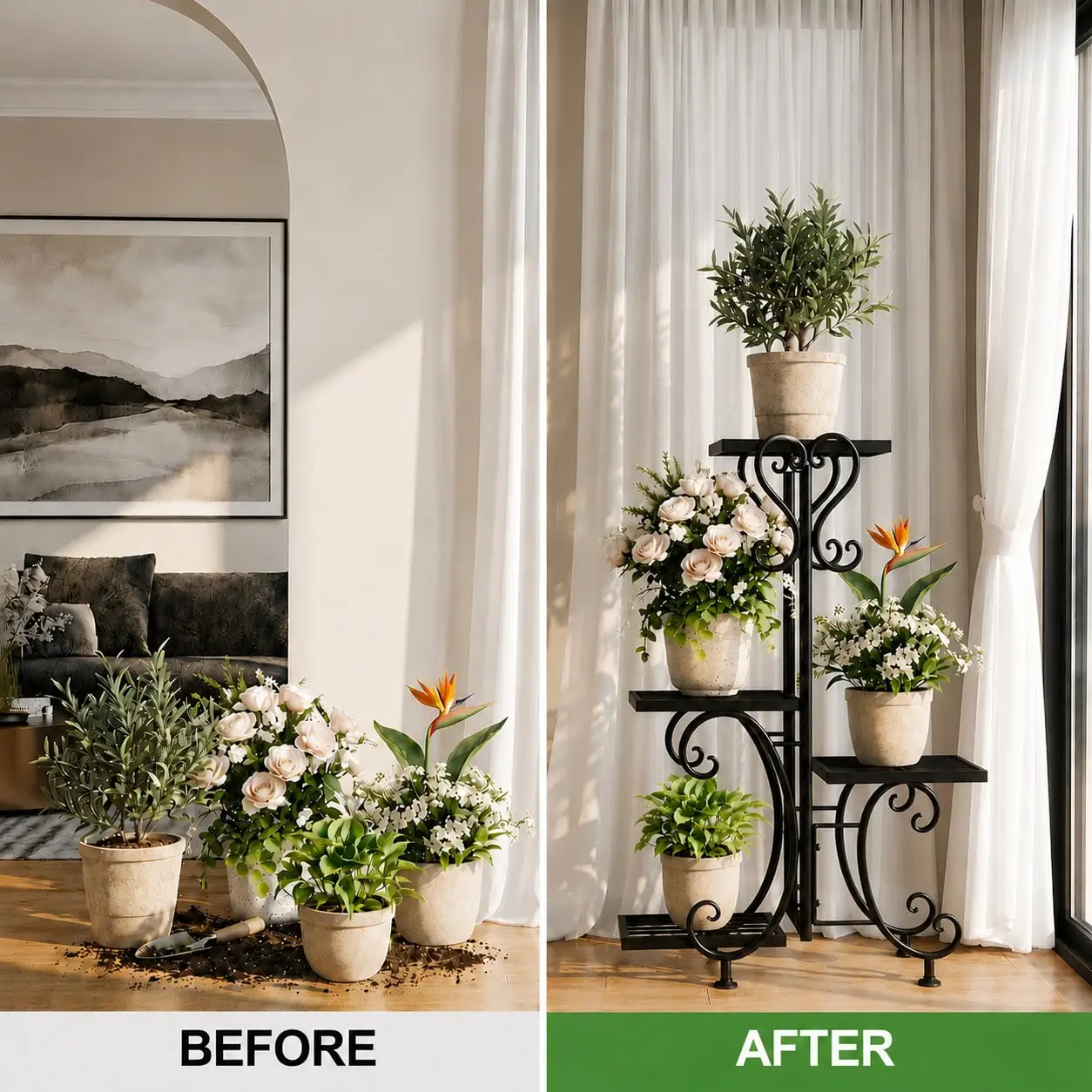 4-Tier Metal Plant Stand With Single Tier Option, Decorative Flower Pot Holder With Elegant Scrollwork Design For Living Room, Balcony, Patio, Bedroom And Home Decor