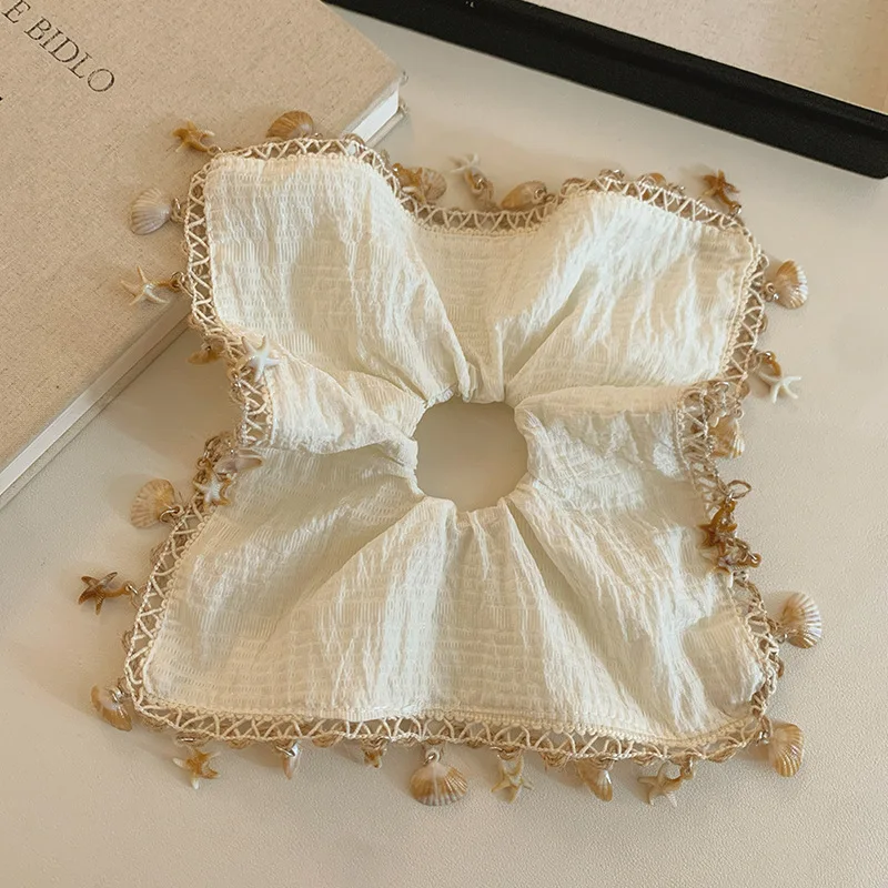 2026 Korean Preppy Style Big Scrunchies Summer Vacation Sea Shell Fringes Scrunches Beach Square Hairbands For Women