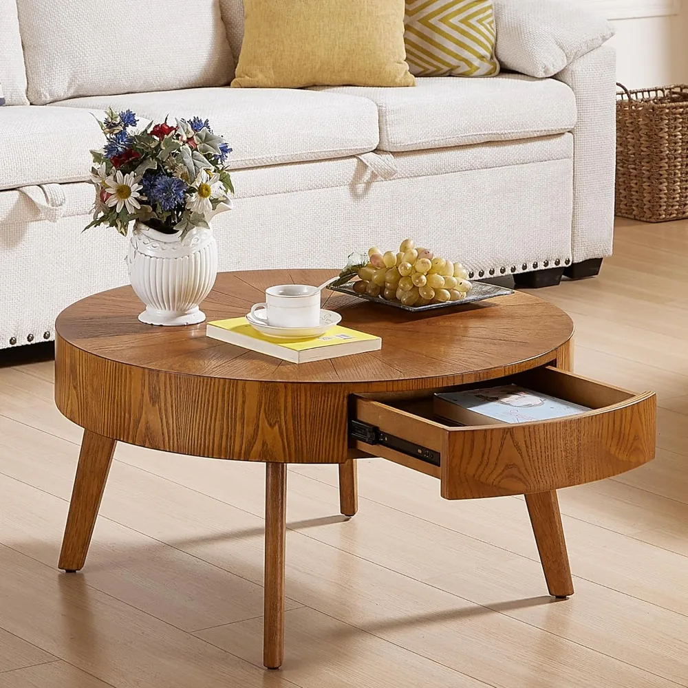 

Round Wood Coffee Table for Living Room, Modern Farmhouse Table Drawer, Wooden Circle Coffee Table, 29.14 L x 29.14 W x 15.87" H