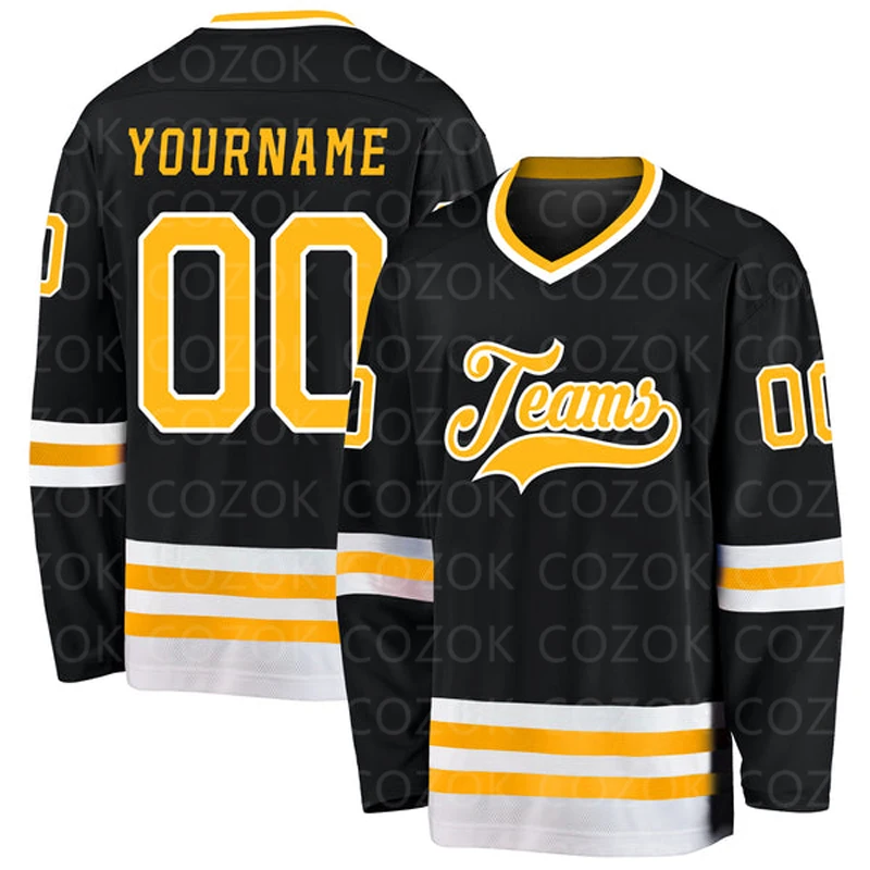 Custom Black Glod Hockey 3D Print You Name Number Men Women Ice Hockey Jersey Competition Training Jerseys