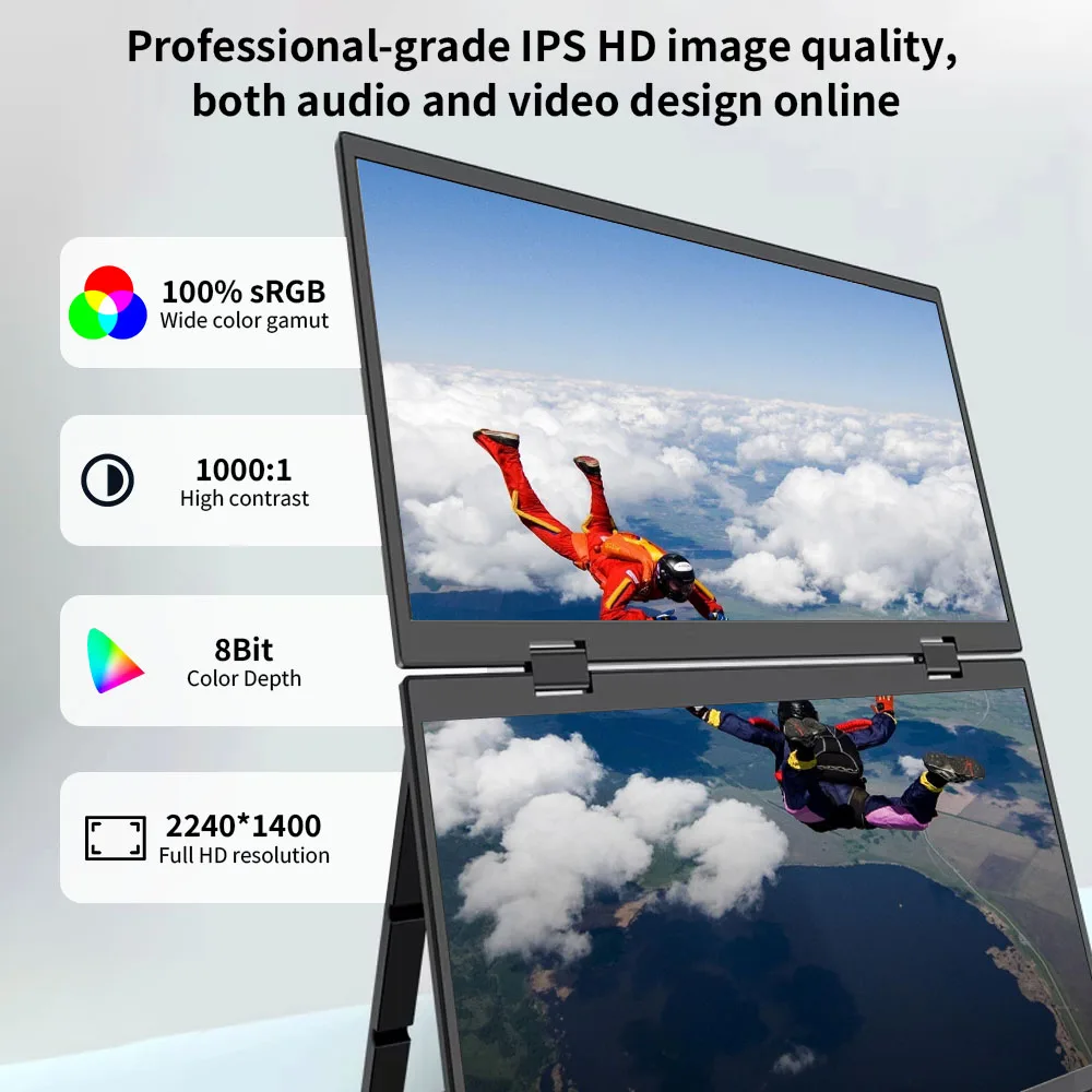 14 Inch 2.2K Dual-screen Portable Monitor IPS HDR 100%SRGB Compatible with Tiptop PS4/5 Swicth Xbox
