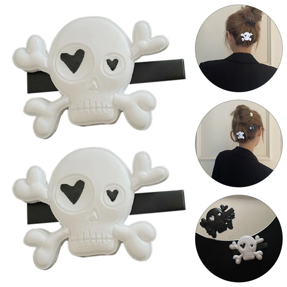 

2 Pcs Hair Claw Clips Hairpin Punk Style Skull Barrette Pearlescent White Women Halloween Baby