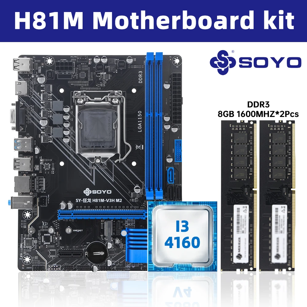 Placa base para juegos SOYO H81M, conjunto de procesador Intel i3-4160 y DDR3, 16GB, 1600mhz, RAM M.2 NVME, interfaz PCIEx16 HDMI VGA, LGA 1150