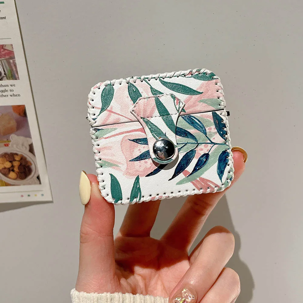 Custodia per auricolari in pelle di lusso per AirPods 3 2 Pro morbida rosa tulipano foglie fiori copertura quadrata per scatola di ricarica per cuffie Air Pods