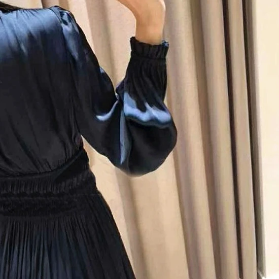 Women\'s vintage slim dress v-neck puff sleeve pleated French brand office clothing elegant dress