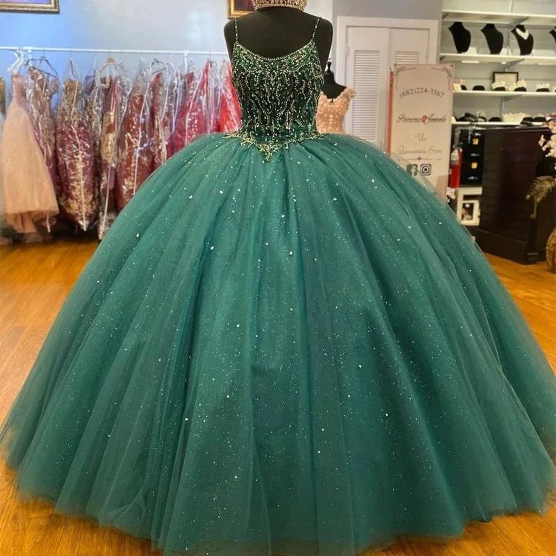 Vestido De baile verde oscuro con tirantes finos, quinceañera, lentejuelas brillantes, cristal, 15 Años, fiesta Formal