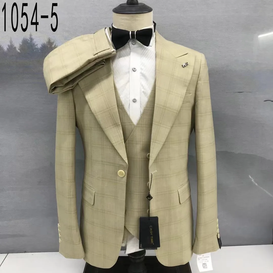 Classic Plaid Suit Sets For Men Wedding Party Groomsman Slim Fit Outfits Formal Banquet Male Elegant Blazer Vest Pants 3 Pieces