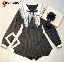 Terno preto bordado feminino, camisa e shorts de peito único, tops japoneses da Rojita Lolita, produzidos em massa, conjuntos de duas peças