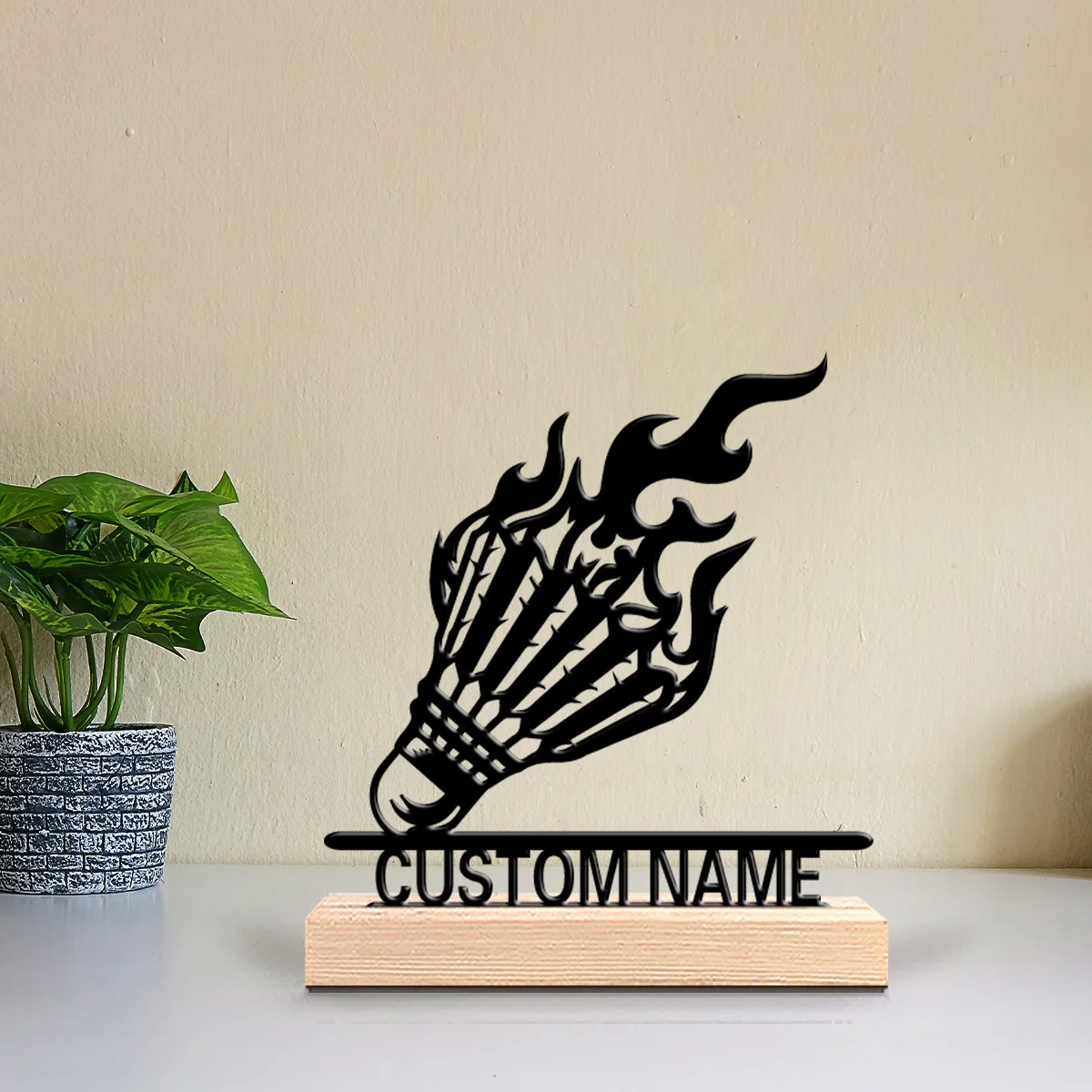 1pc Flaming Badminton Customized Name Metal Statue Iron Figurine With Wood Base Iron Statue With Wood Base For Kids Gifts