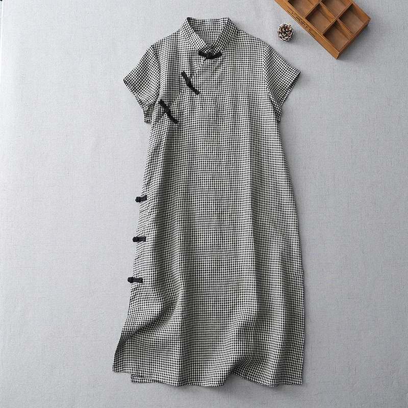 

Limiguyue Cotton Black White Plaid Dress Women Slant Collar Button Summer Midi Dresses Short Sleeve A-Line Split Vestidos E565