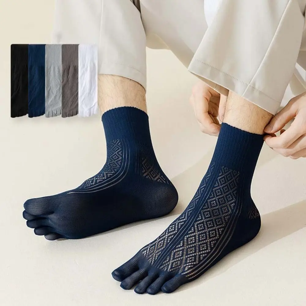 

5Pairs Comfortable Mesh Thin Five Finger Socks Men Check Breathable Mid-calf Stockings Elastic Hosiery Male Five Toe Socks Men