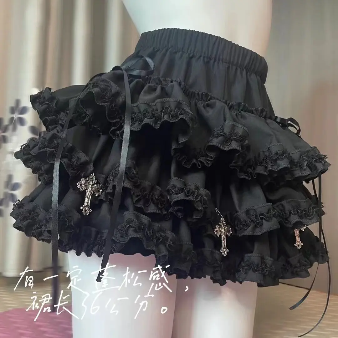 Original Spicy Girl Millennium Subculture Pengpeng Cake Skirt Solid Color Elegant Ruffles Y2k Cross Pendant Short A-line Skirts
