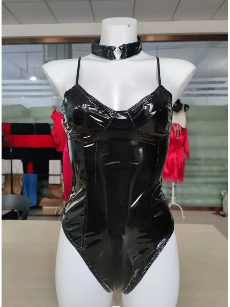 Catsuit de PVC sin mangas con cuello en V profundo para S-XXL, traje de baño de cuero PU brillante, medias, Body Sexy, peluches, leotardo para discoteca