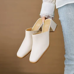 2024 New Genuine Leather Fashion Shoes Women Wedges High Heels Square Toe Mules Slippers Ladies Office Dress Shoes Sandales