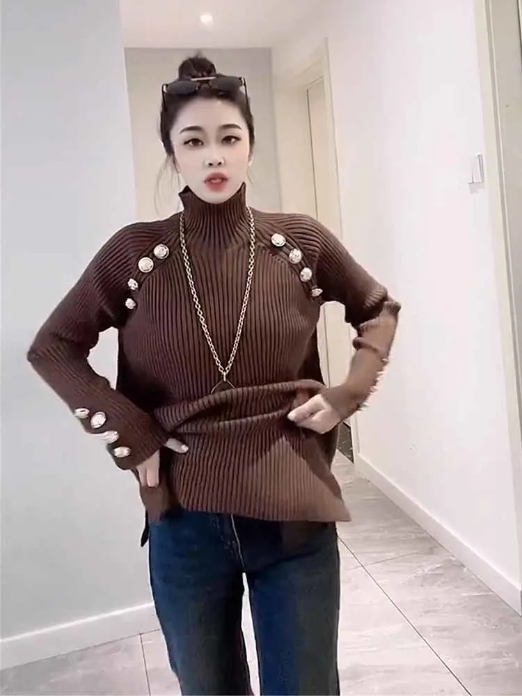 

2022 Winter Autumn New Button Turtleneck Sweater Long-sleeved Bottoming Shirt Women's Slim Fit Pullover Sweater Top