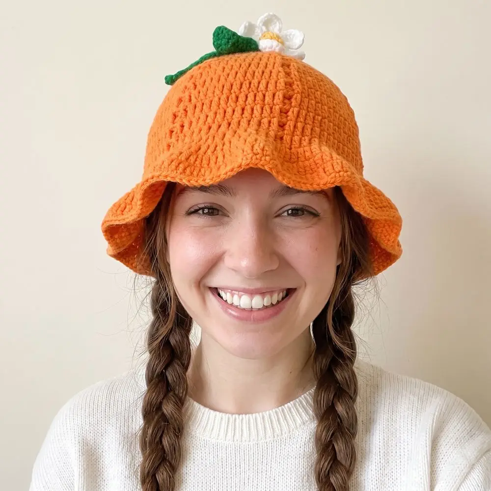 Kawaii Ruffle Strawberry Knitted Hat Fruit Shaped orange Knit Fisherman Hat Soft Handmade Crochet Beanie Cap Winter Autumn