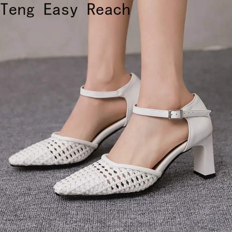 

Fashion Hollow Out Design Women Pumps High Heel Ankle Strap Female Shoes White Black Plus Size Footwear 35-45